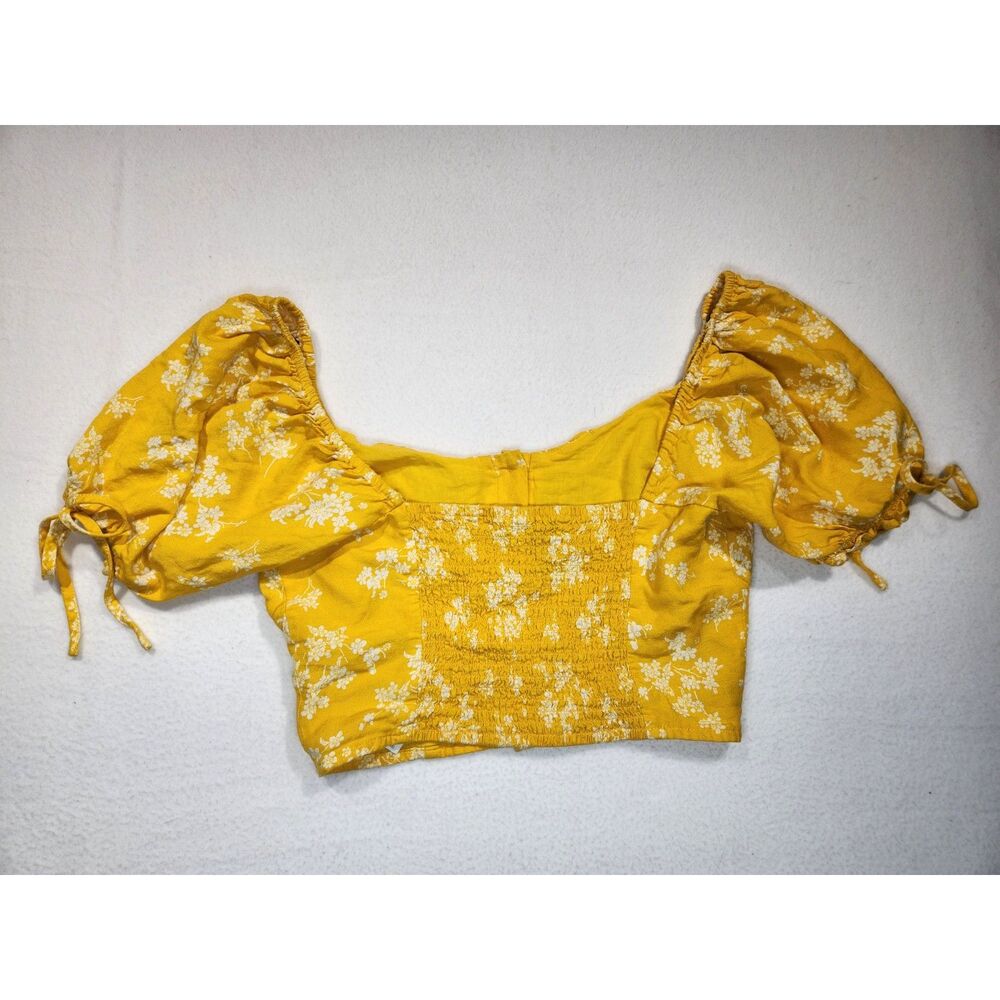 Forever 21 Crop Top Small Yellow Floral Puff Sleeve Milkmaid Cottage Linen Blend - Picture 3 of 10